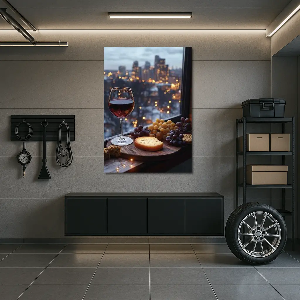Red Wine Cheese Board City Night View – Wall Art
