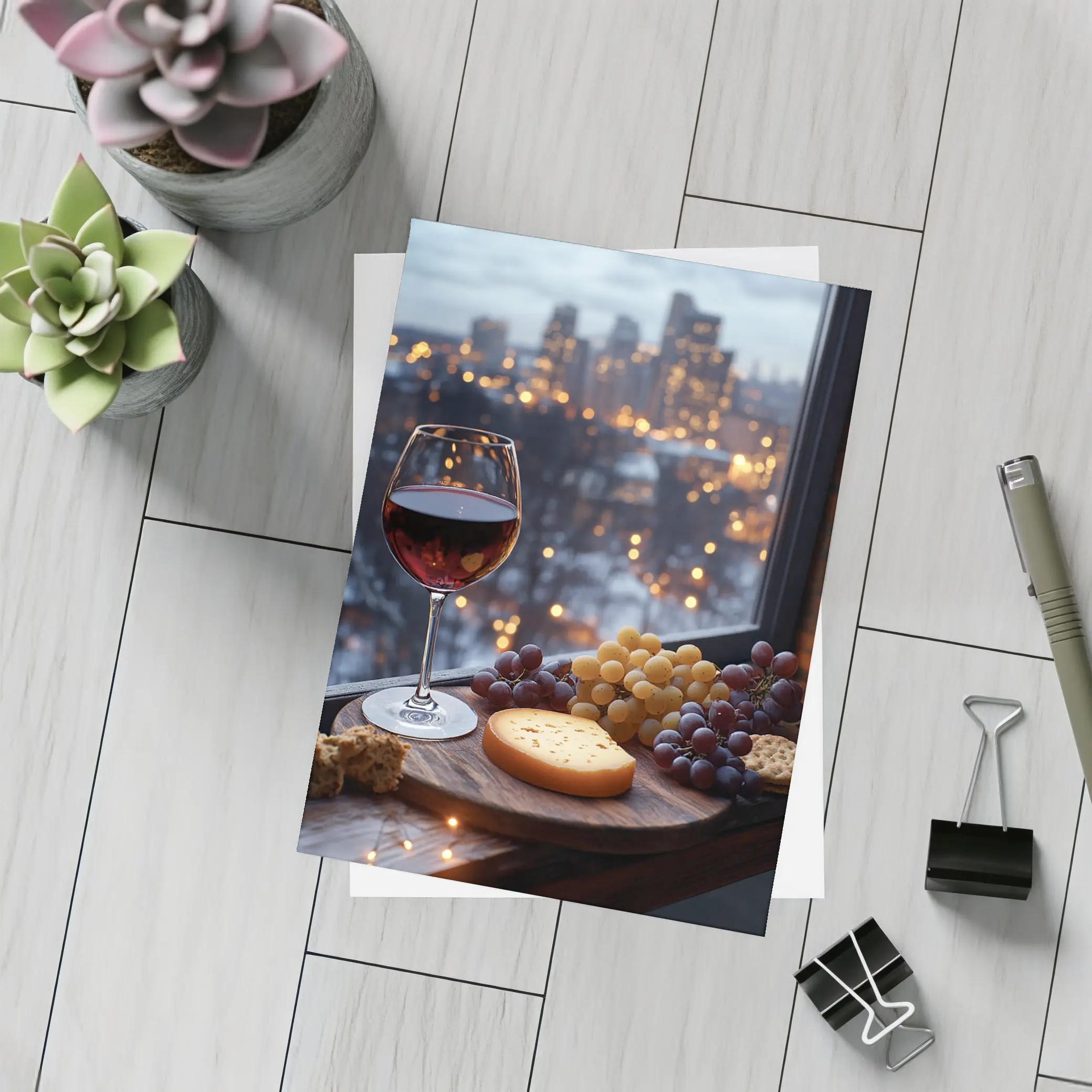 Red Wine Cheese Board City Night View – Postcards