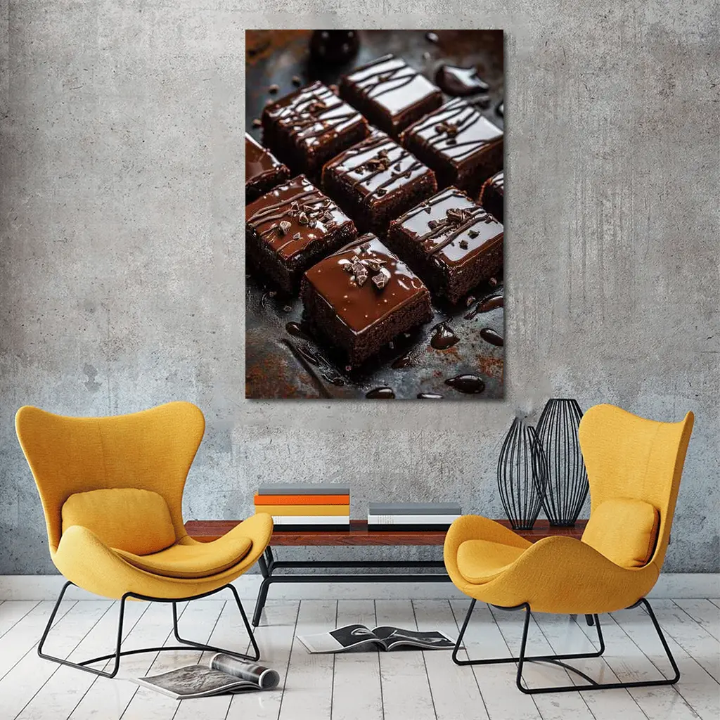 Chocolate Brownies With Ganache Dark Background – Wall Art