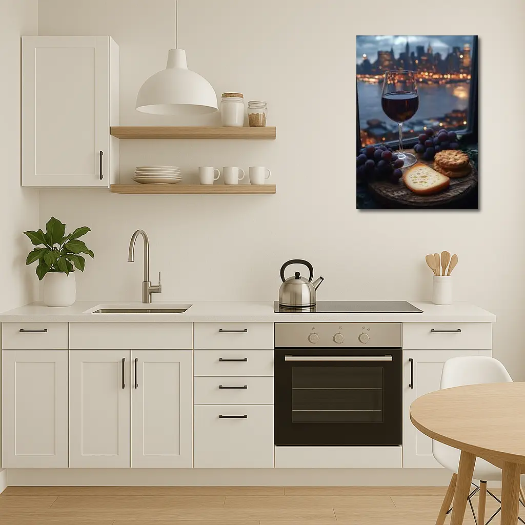 Red Wine Cheese Grapes City Night – Wall Art