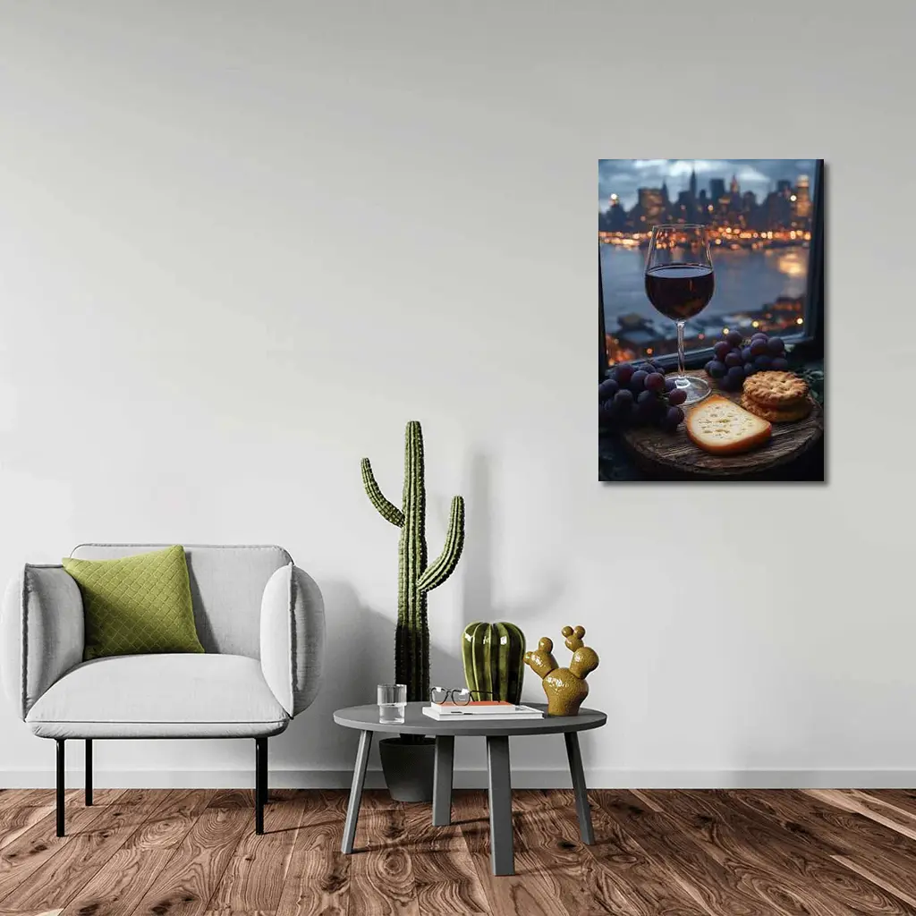 Red Wine Cheese Grapes City Night – Wall Art