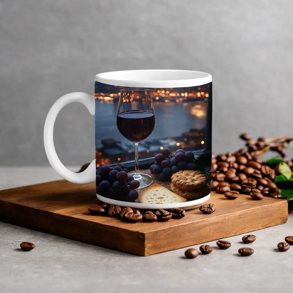 Red Wine Cheese Grapes City Night – Mugs