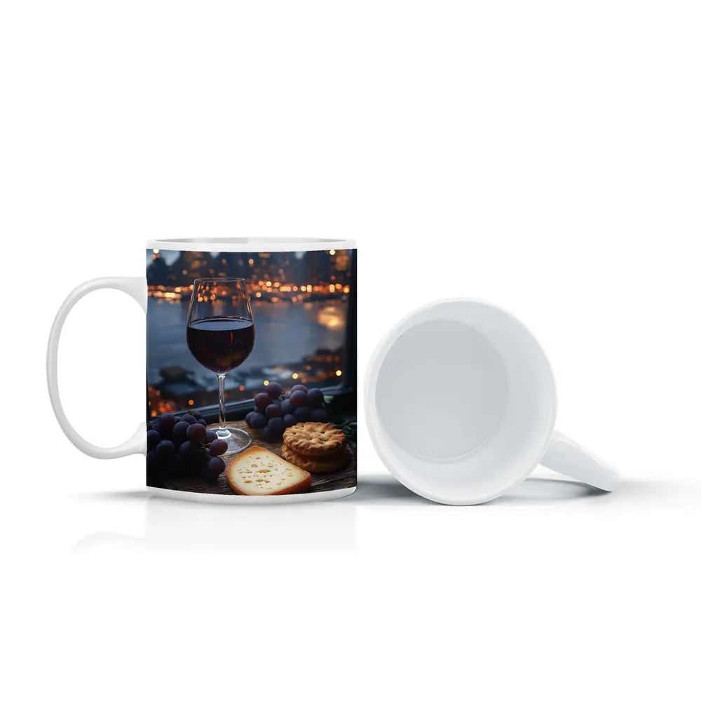 Red Wine Cheese Grapes City Night – Mugs