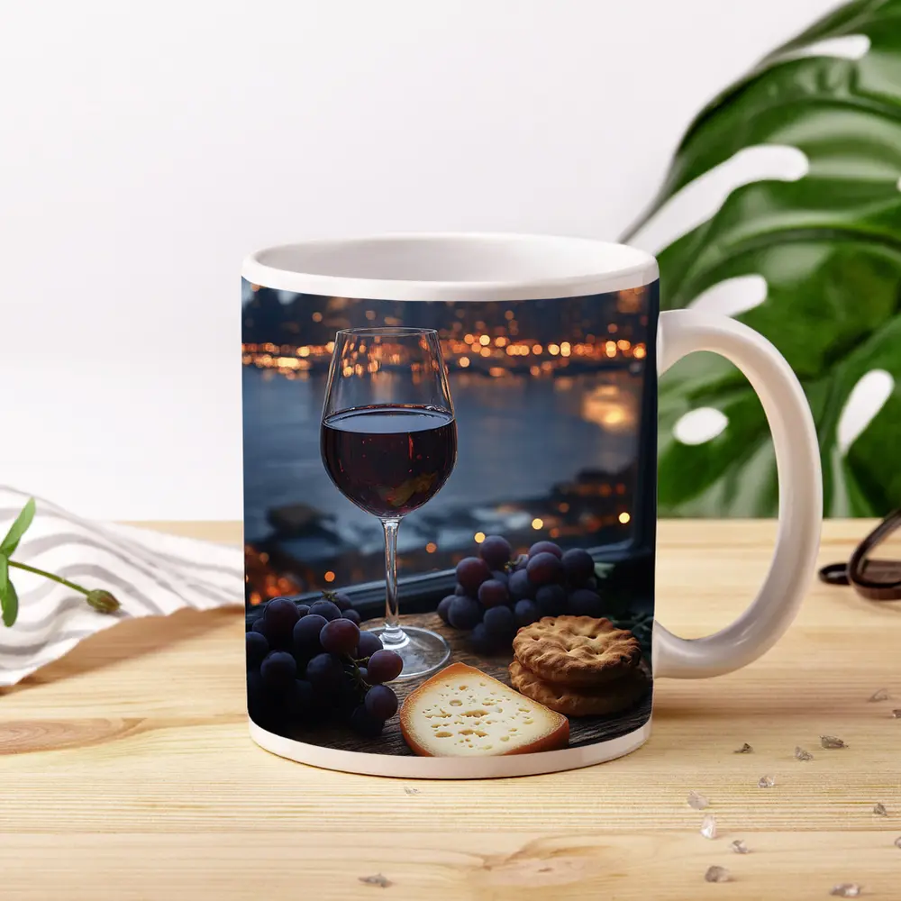 Red Wine Cheese Grapes City Night – Mugs