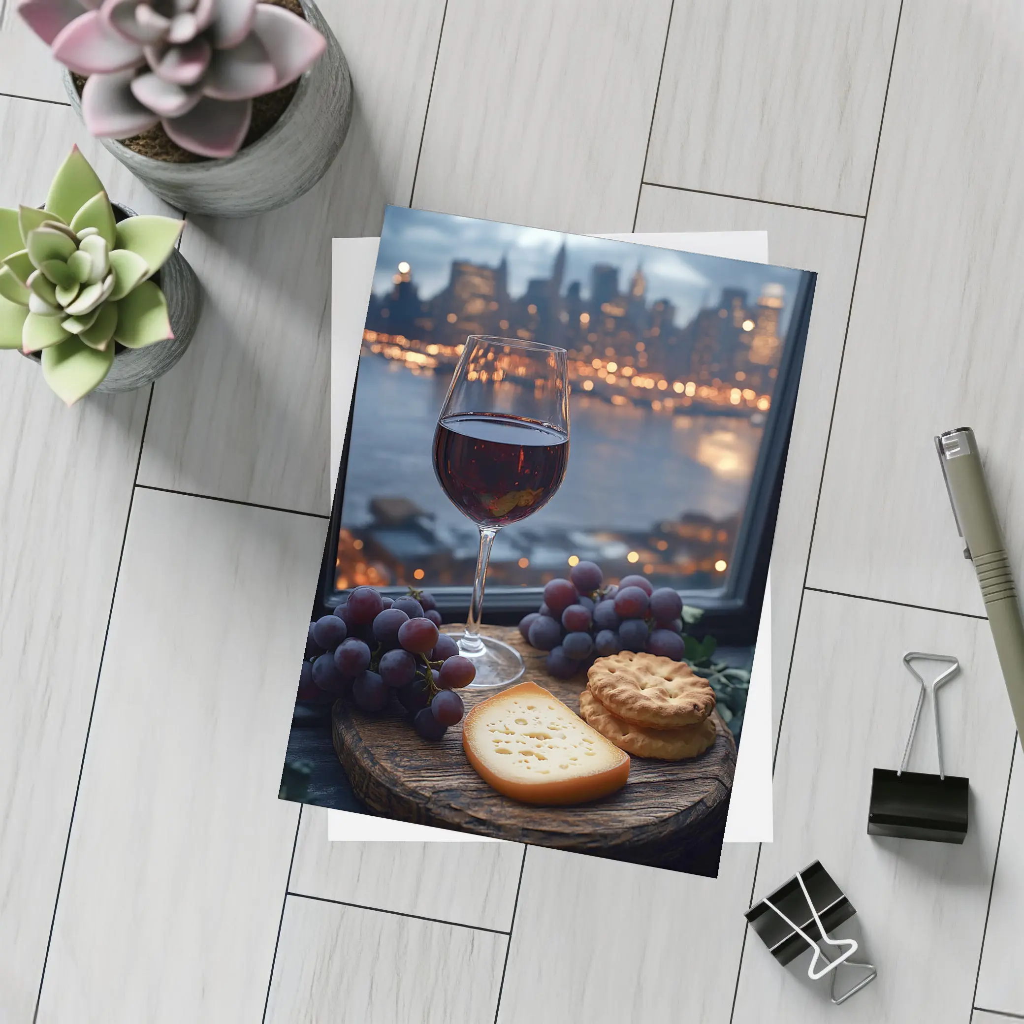 Red Wine Cheese Grapes City Night – Postcards