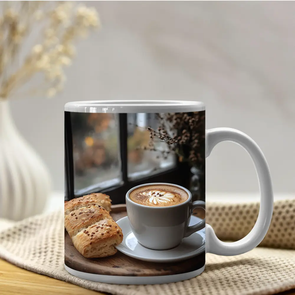 Latte Art Coffee Cup Bread Window Morning – Mugs