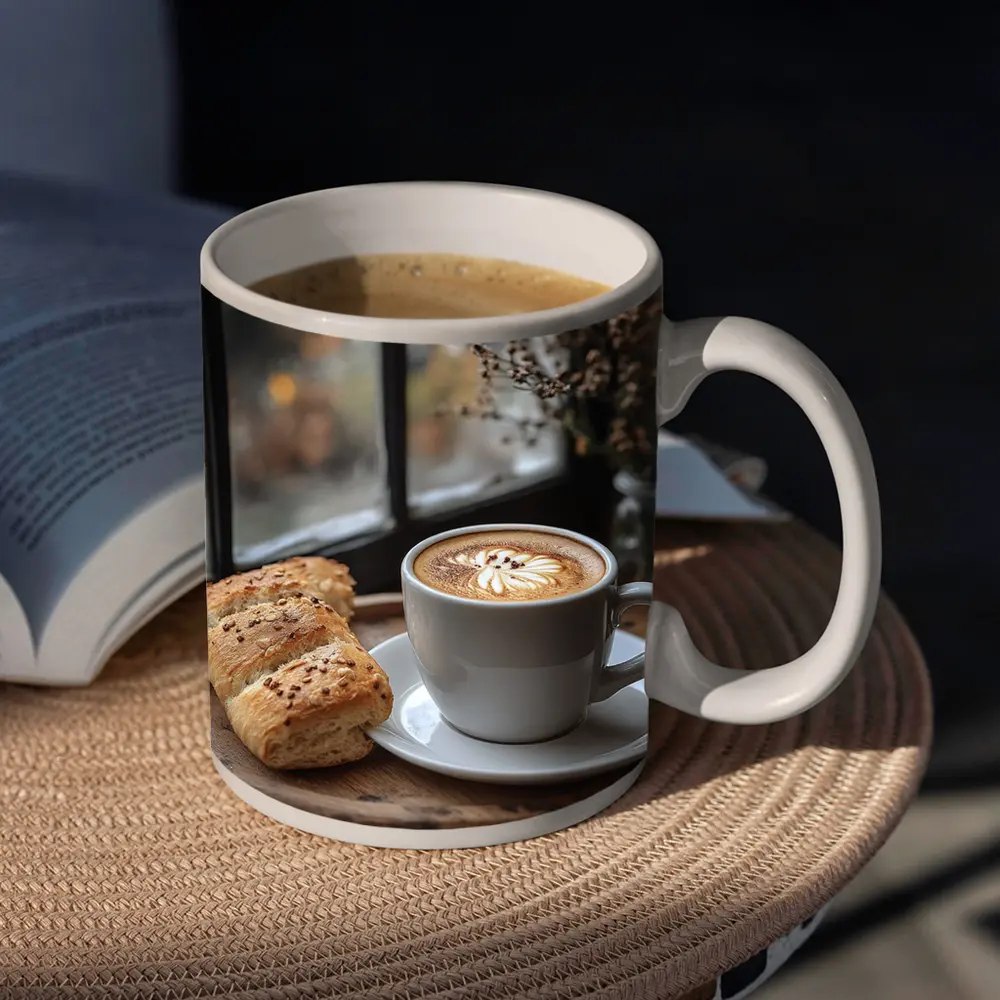 Latte Art Coffee Cup Bread Window Morning – Mugs