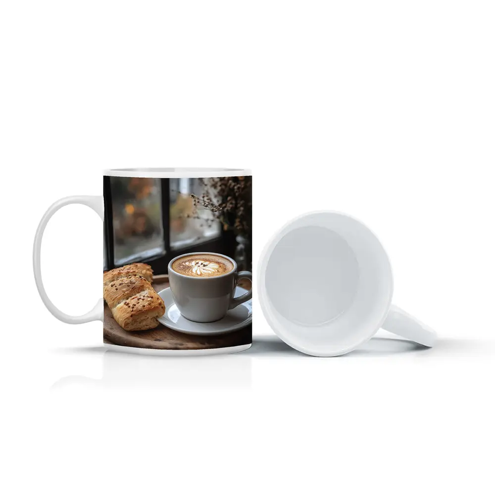Latte Art Coffee Cup Bread Window Morning – Mugs