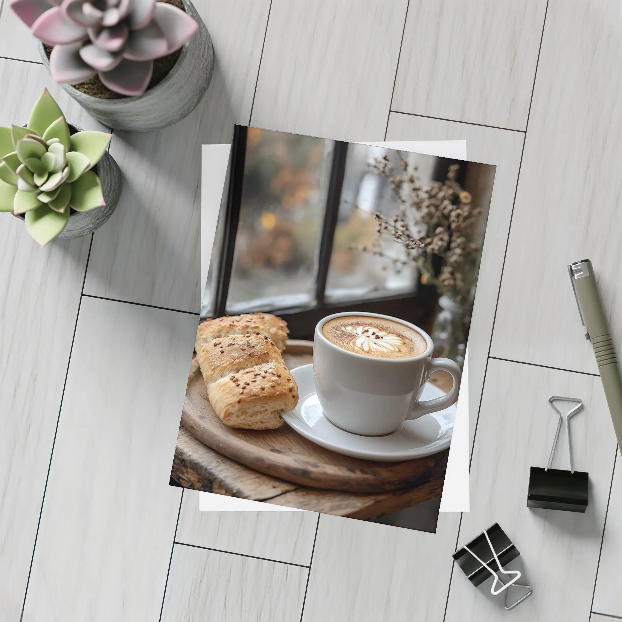 Latte Art Coffee Cup Bread Window Morning – Postcards