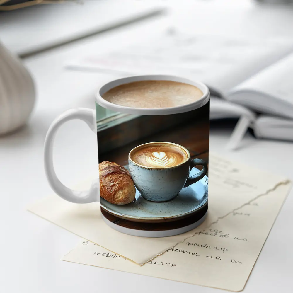 Latte Art Coffee Cup Croissant Window – Mugs