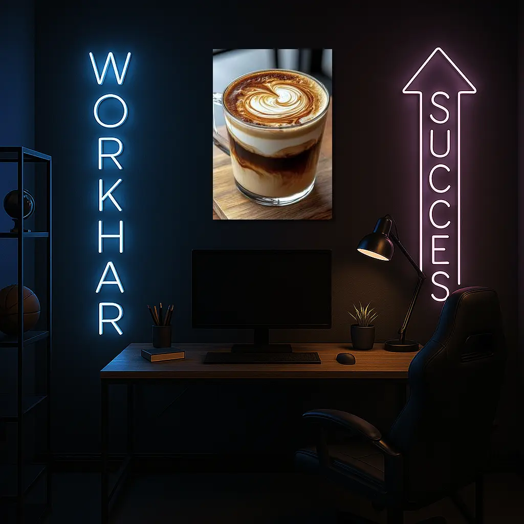 Latte Art Coffee Glass Mug Wooden Table – Wall Art