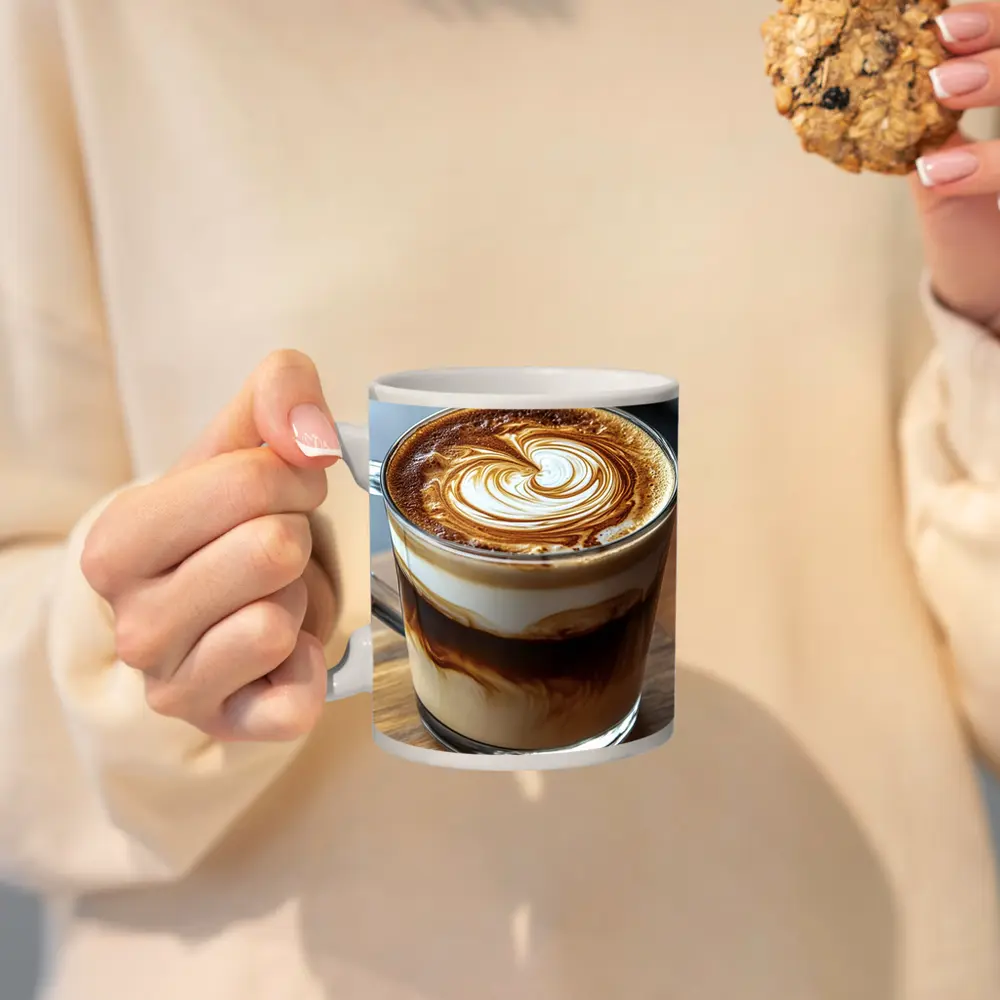 Latte Art Coffee Glass Mug Wooden Table – Mugs
