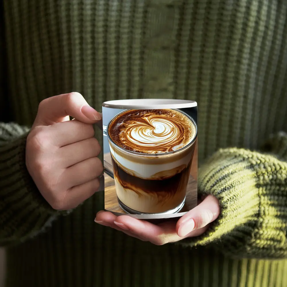 Latte Art Coffee Glass Mug Wooden Table – Mugs