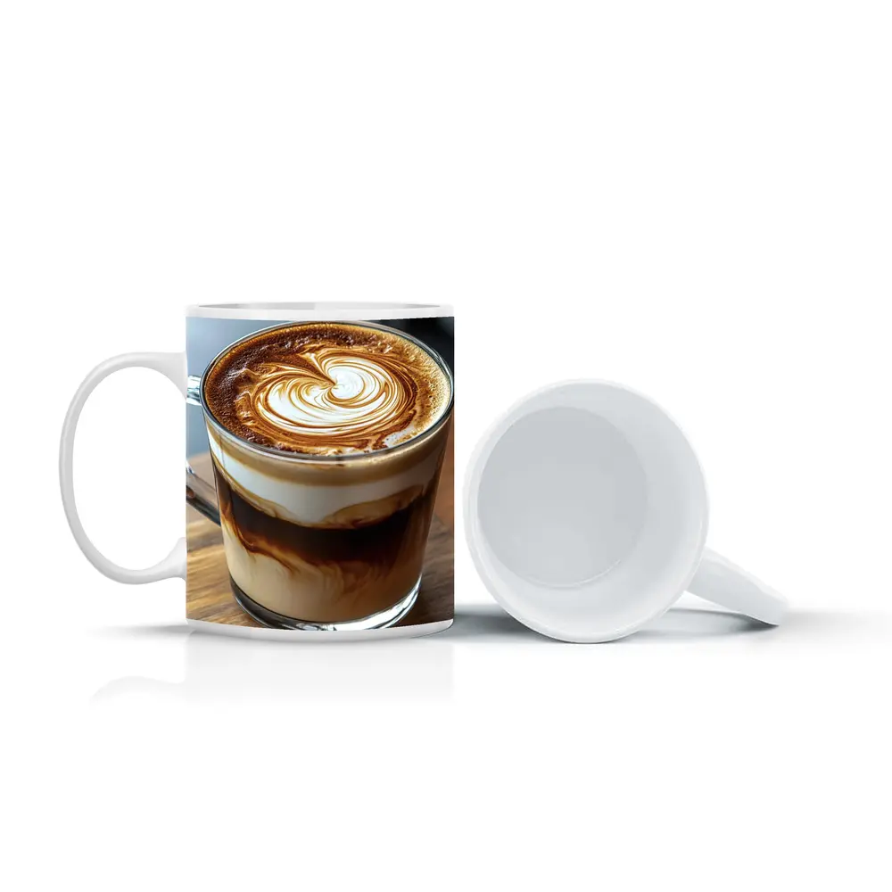 Latte Art Coffee Glass Mug Wooden Table – Mugs