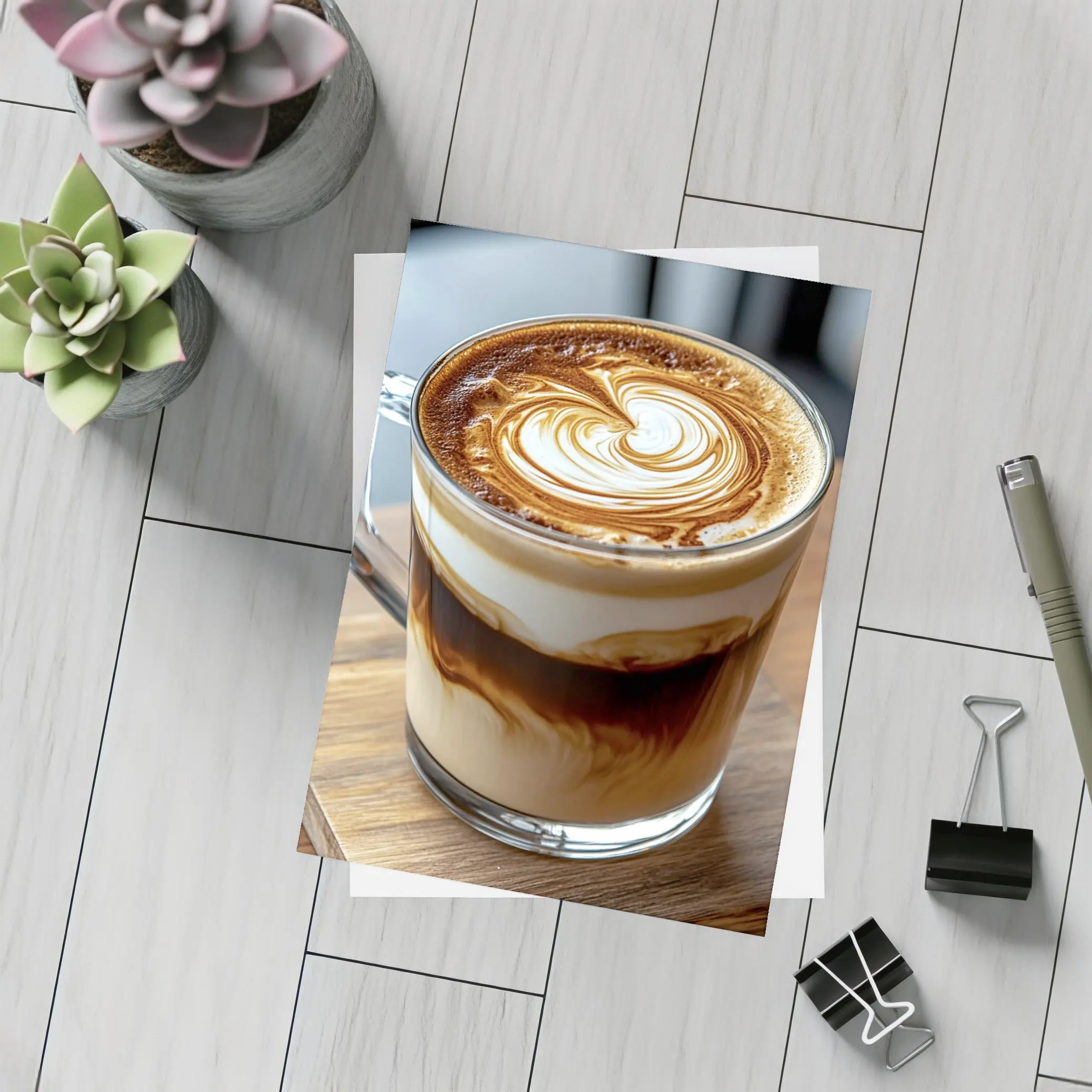 Latte Art Coffee Glass Mug Wooden Table – Postcards