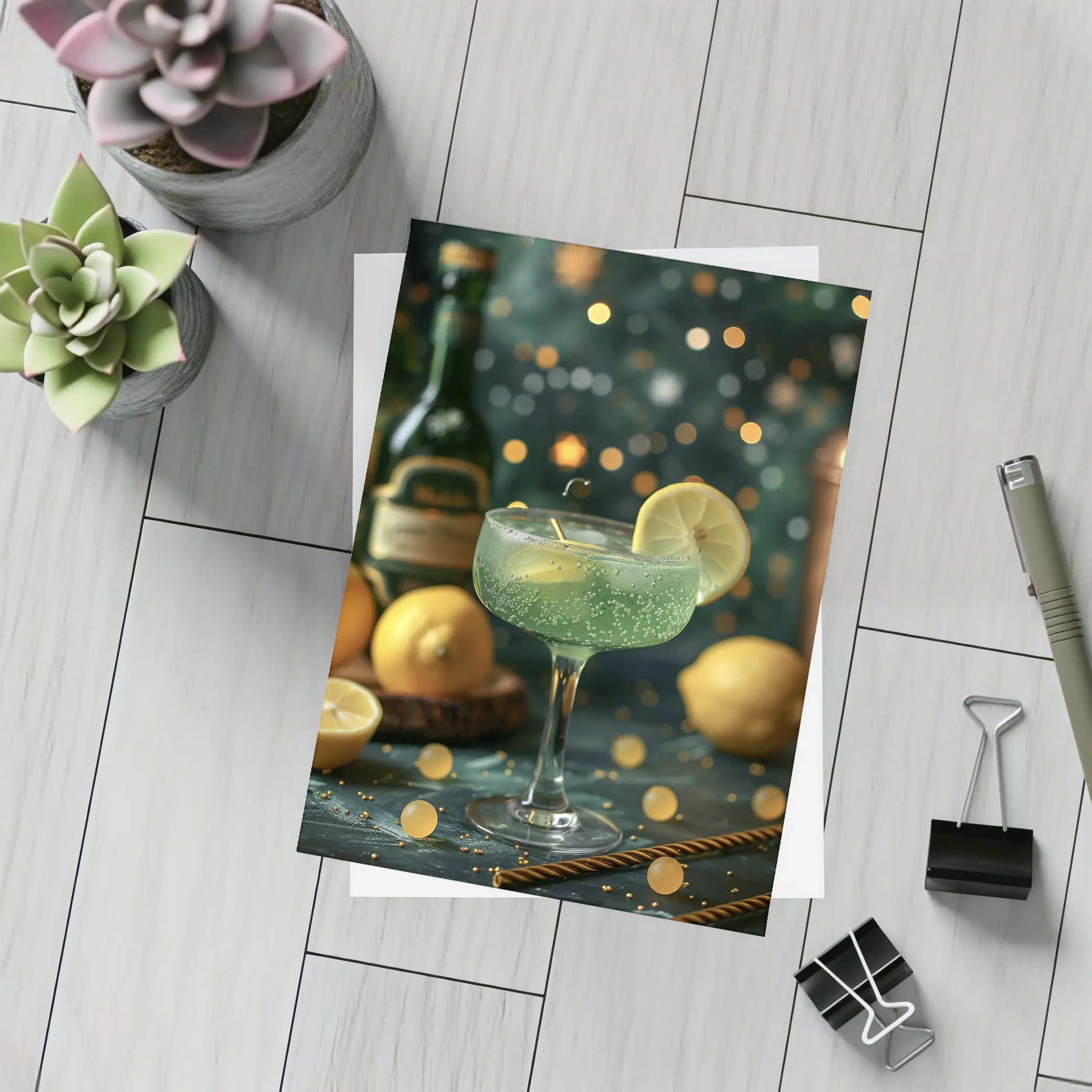 Green Cocktail Lemon Garnish Bokeh Bar – Postcards
