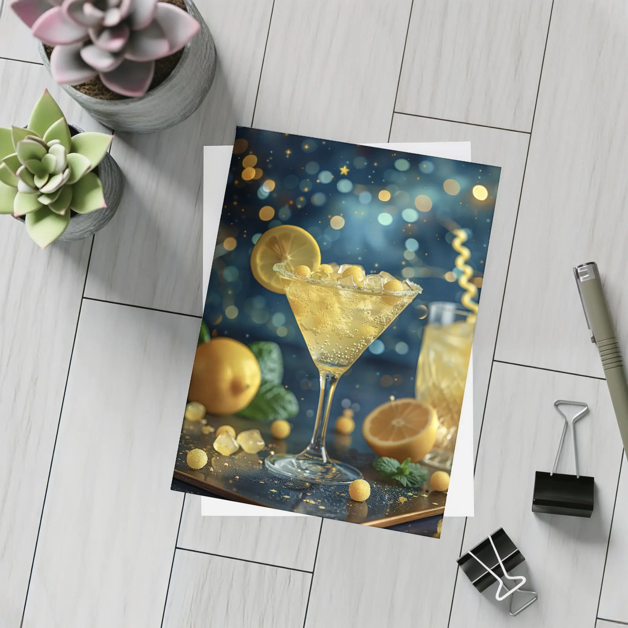 Lemon Martini Cocktail Starry Night Background – Postcards