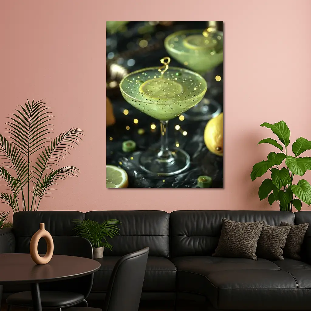 Green Cocktail Glass Gold Glitter Dark Background – Wall Art