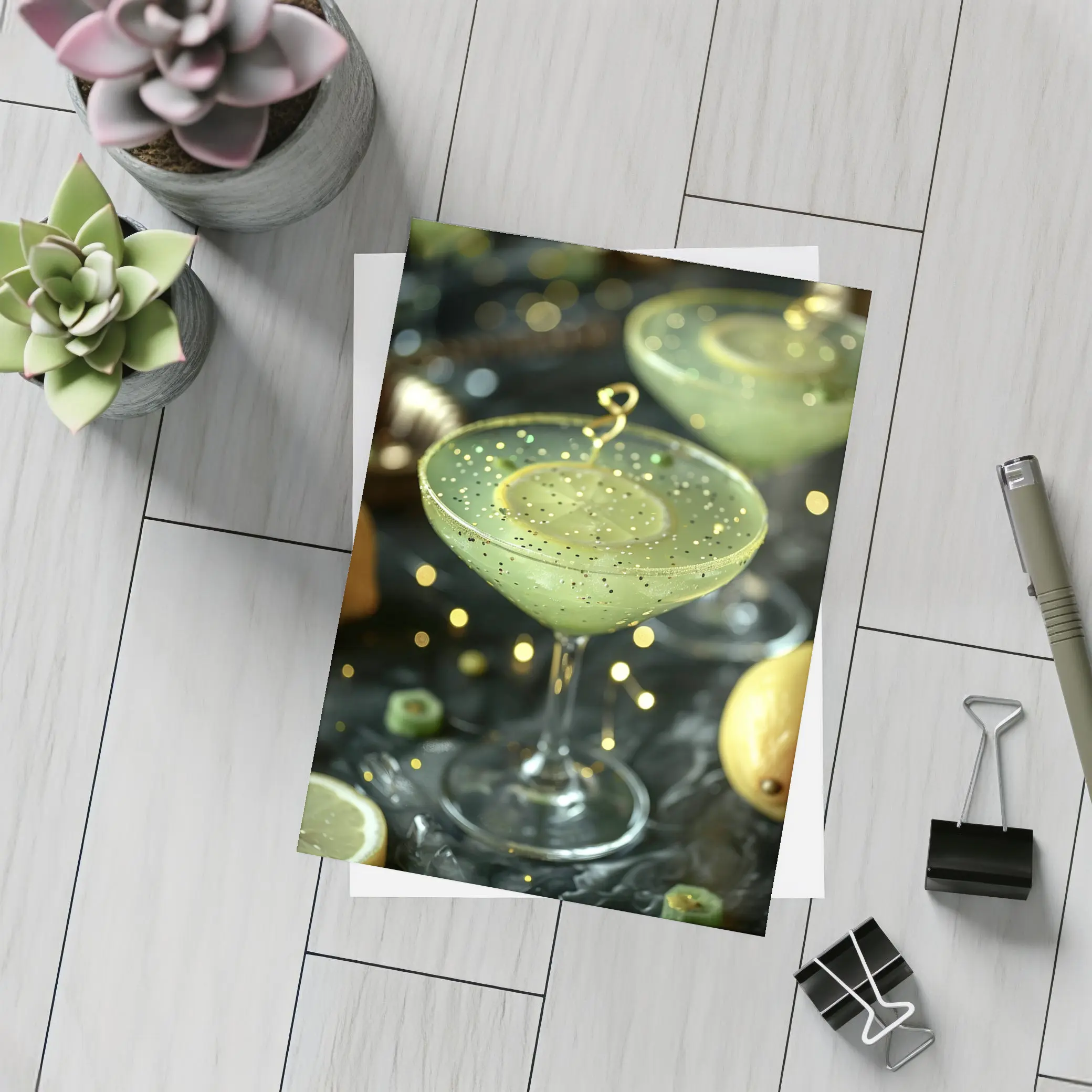 Green Cocktail Glass Gold Glitter Dark Background – Postcards