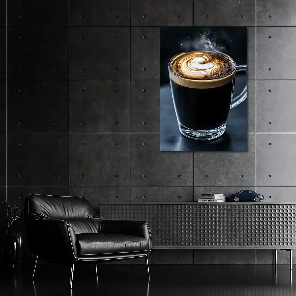 Steaming Latte Art Glass Cup Dark Background – Wall Art