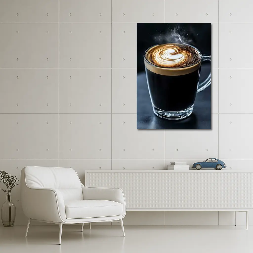 Steaming Latte Art Glass Cup Dark Background – Wall Art
