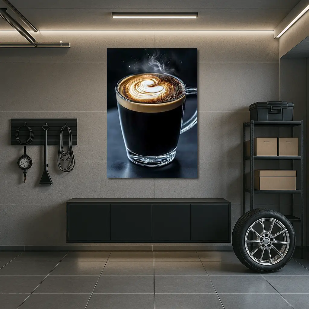 Steaming Latte Art Glass Cup Dark Background – Wall Art