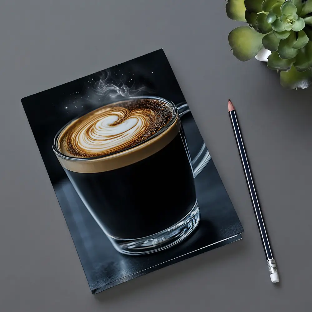 Steaming Latte Art Glass Cup Dark Background – Notebooks