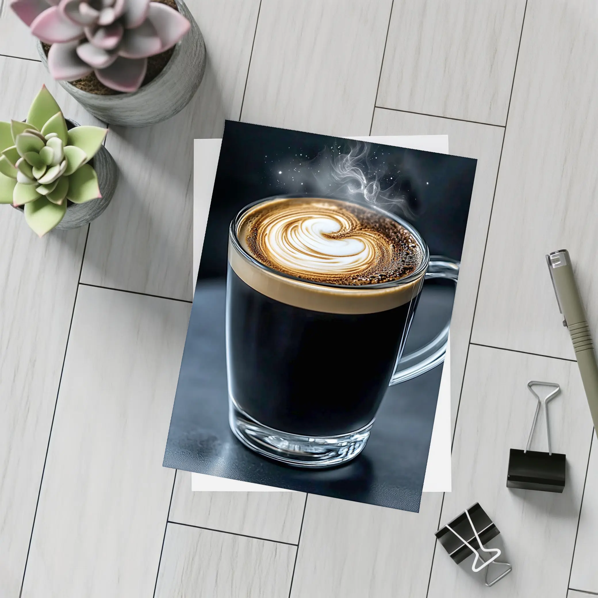 Steaming Latte Art Glass Cup Dark Background – Postcards