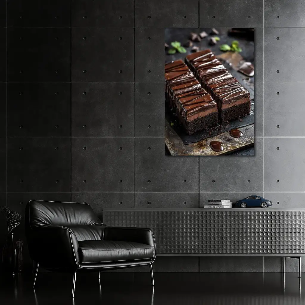 Dark Chocolate Brownie Slices Dark Background – Wall Art