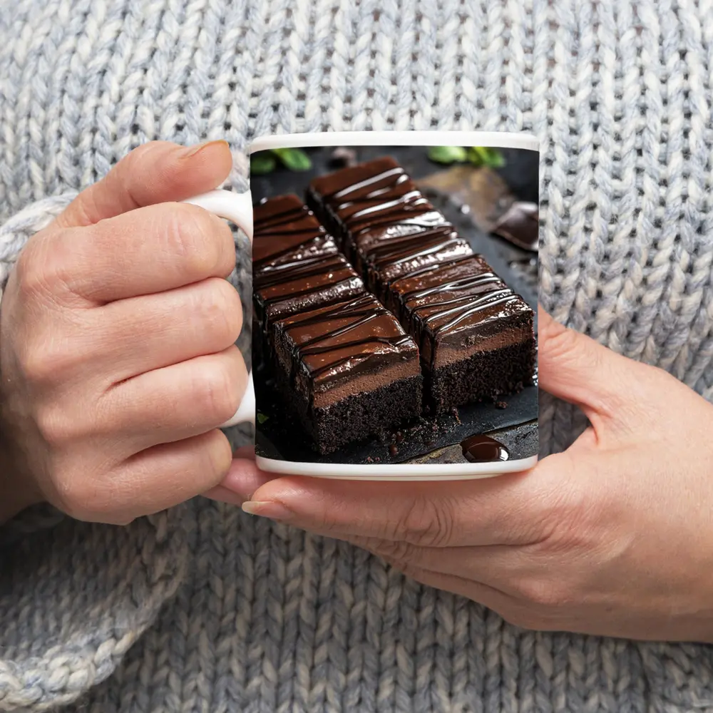 Dark Chocolate Brownie Slices On Slate – Mugs