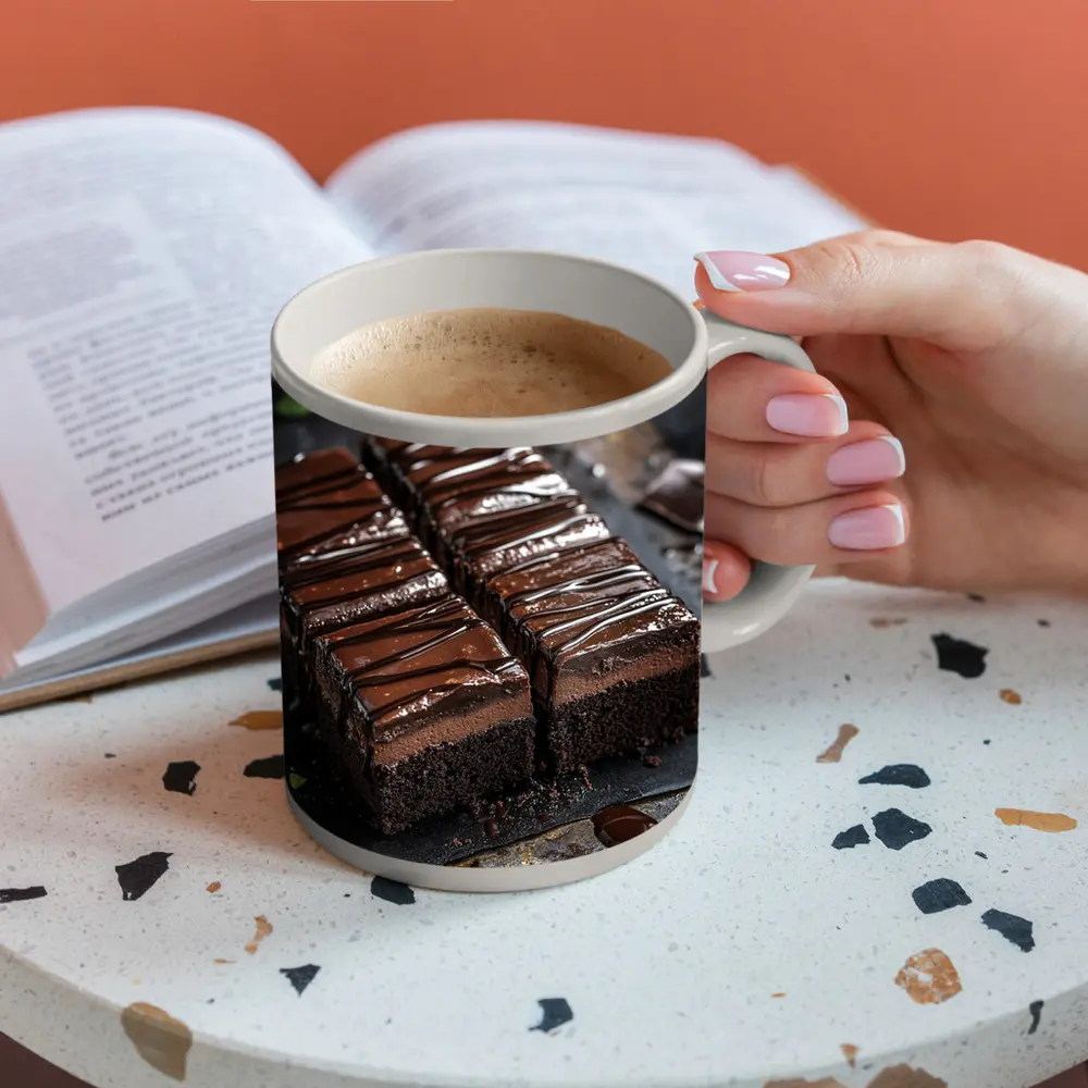 Dark Chocolate Brownie Slices On Slate – Mugs