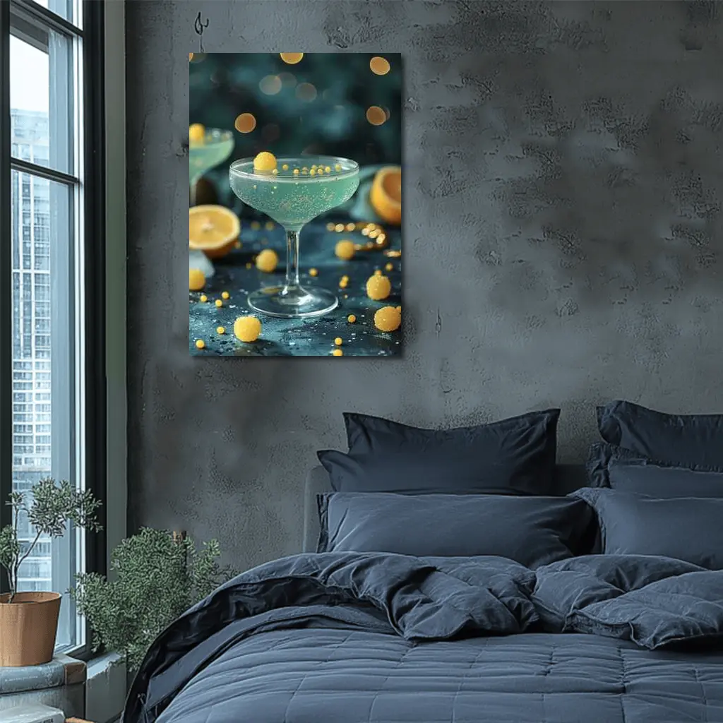Teal Cocktail Glass Yellow Bokeh Background – Wall Art