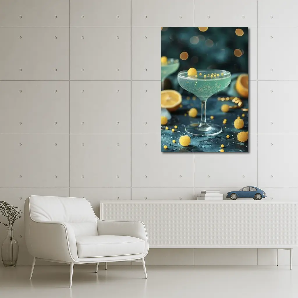 Teal Cocktail Glass Yellow Bokeh Background – Wall Art