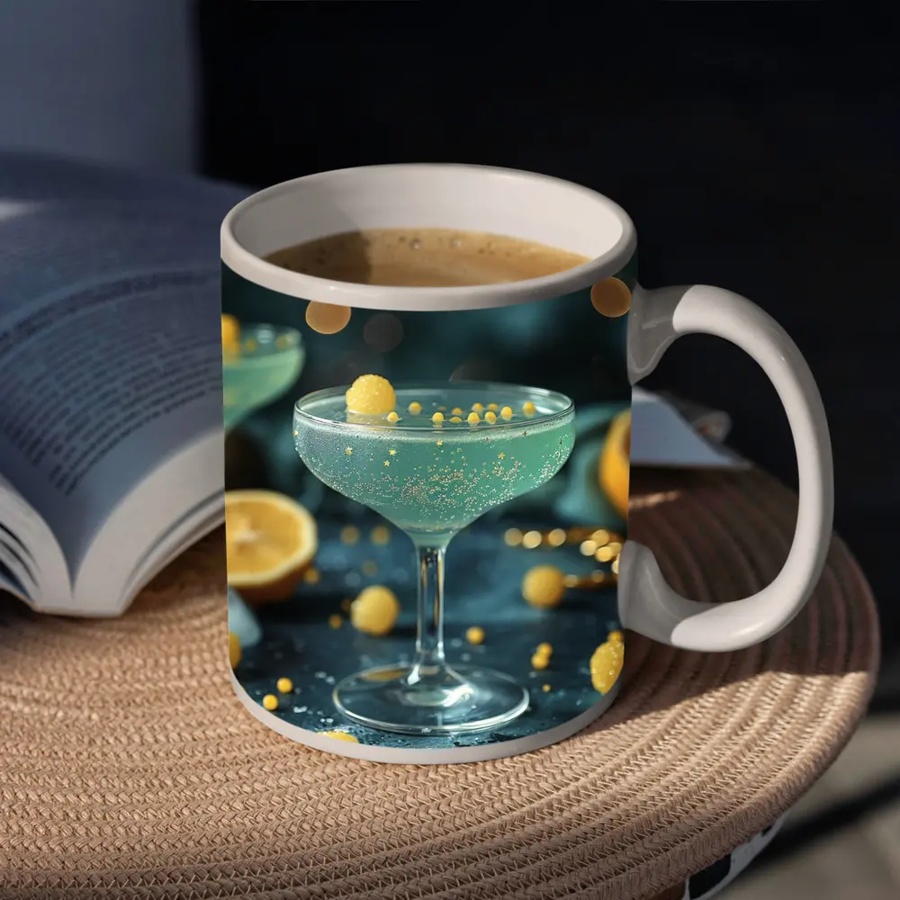 Teal Cocktail Glass Yellow Bokeh Background – Mugs