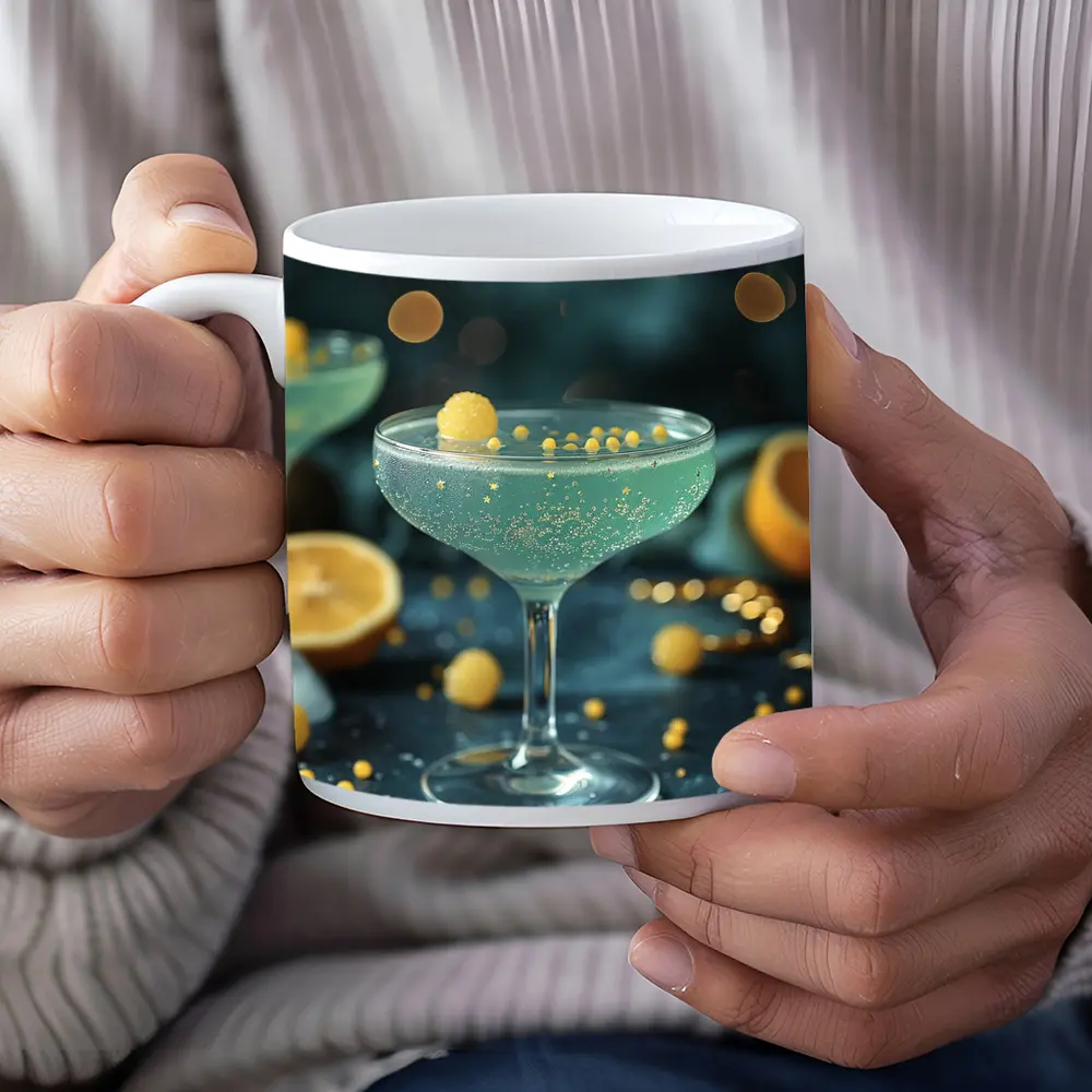 Teal Cocktail Glass Yellow Bokeh Background – Mugs