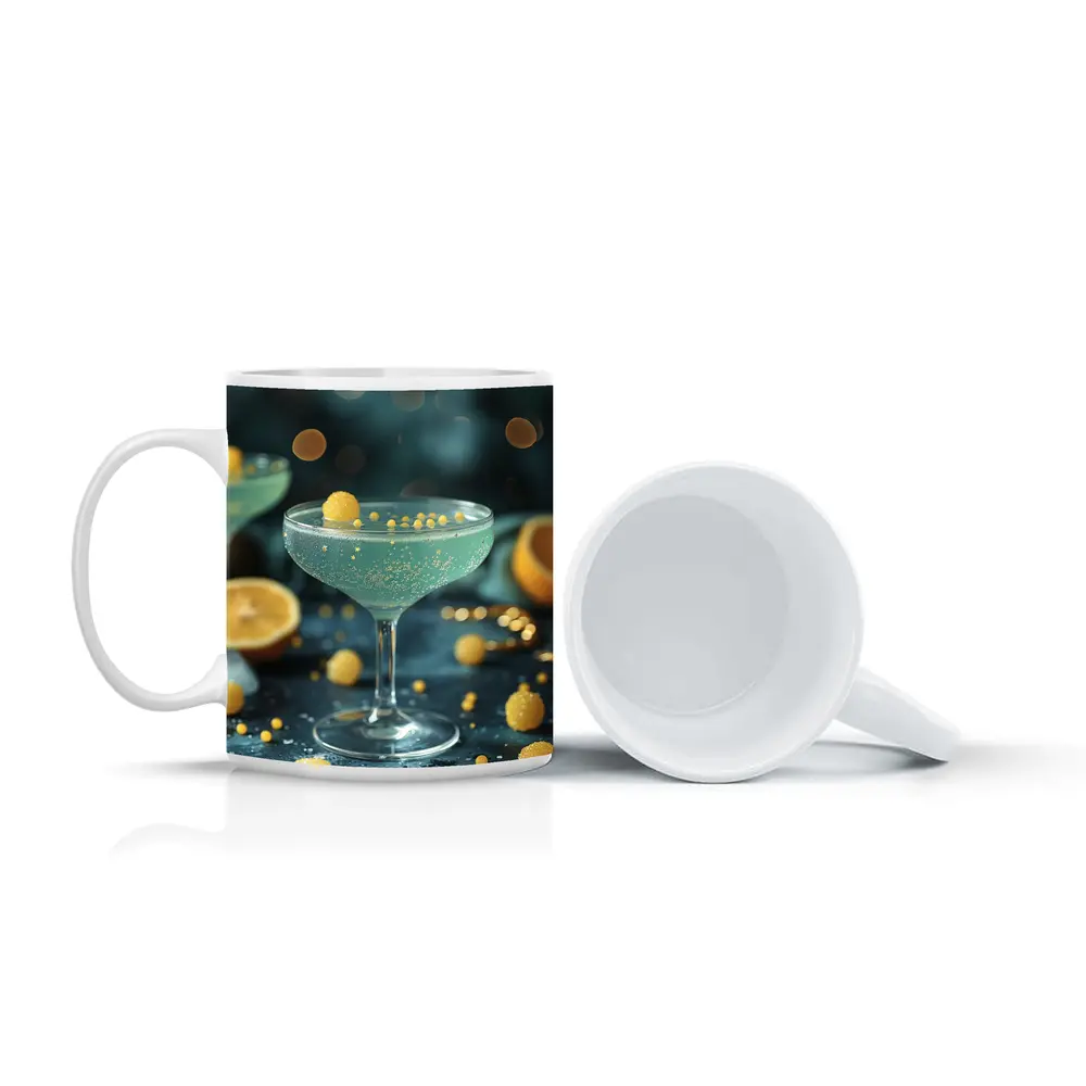 Teal Cocktail Glass Yellow Bokeh Background – Mugs