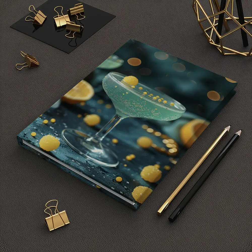 Teal Cocktail Glass Yellow Bokeh Background – Notebooks