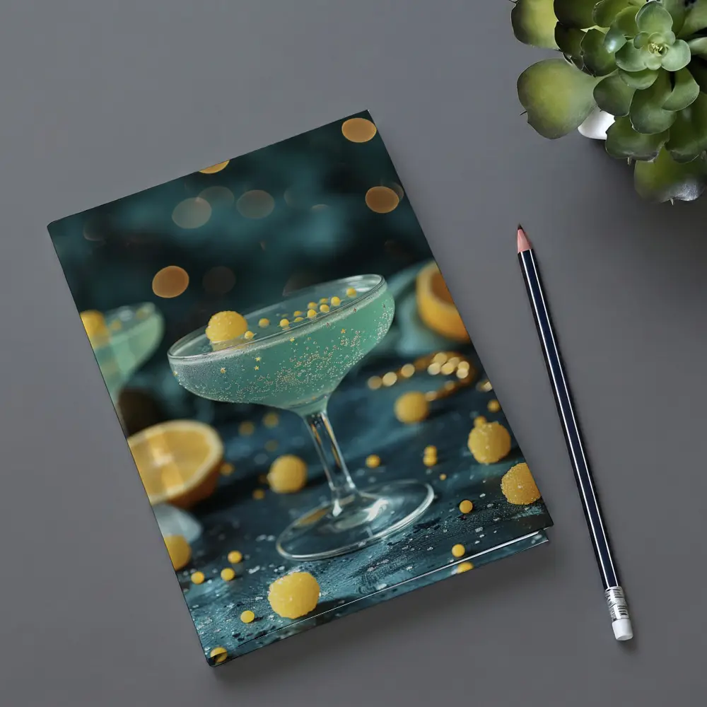 Teal Cocktail Glass Yellow Bokeh Background – Notebooks
