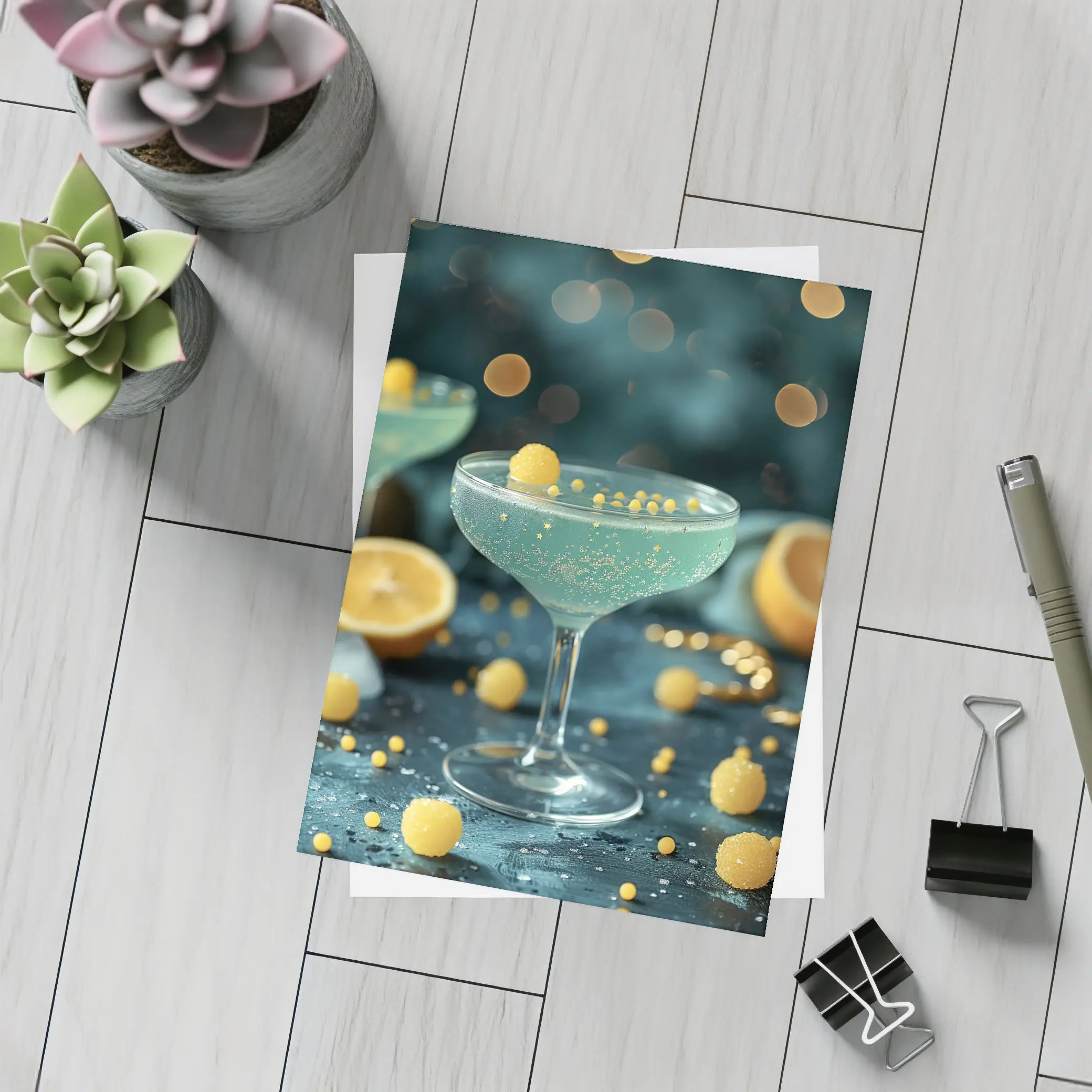 Teal Cocktail Glass Yellow Bokeh Background – Postcards