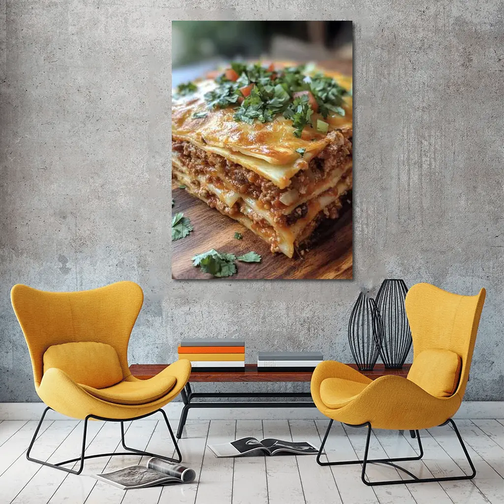 Layered Meat Lasagna on Wooden Board – Wall Art
