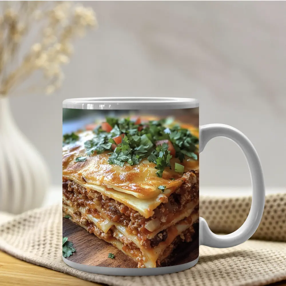 Layered Meat Lasagna on Wooden Board – Mugs