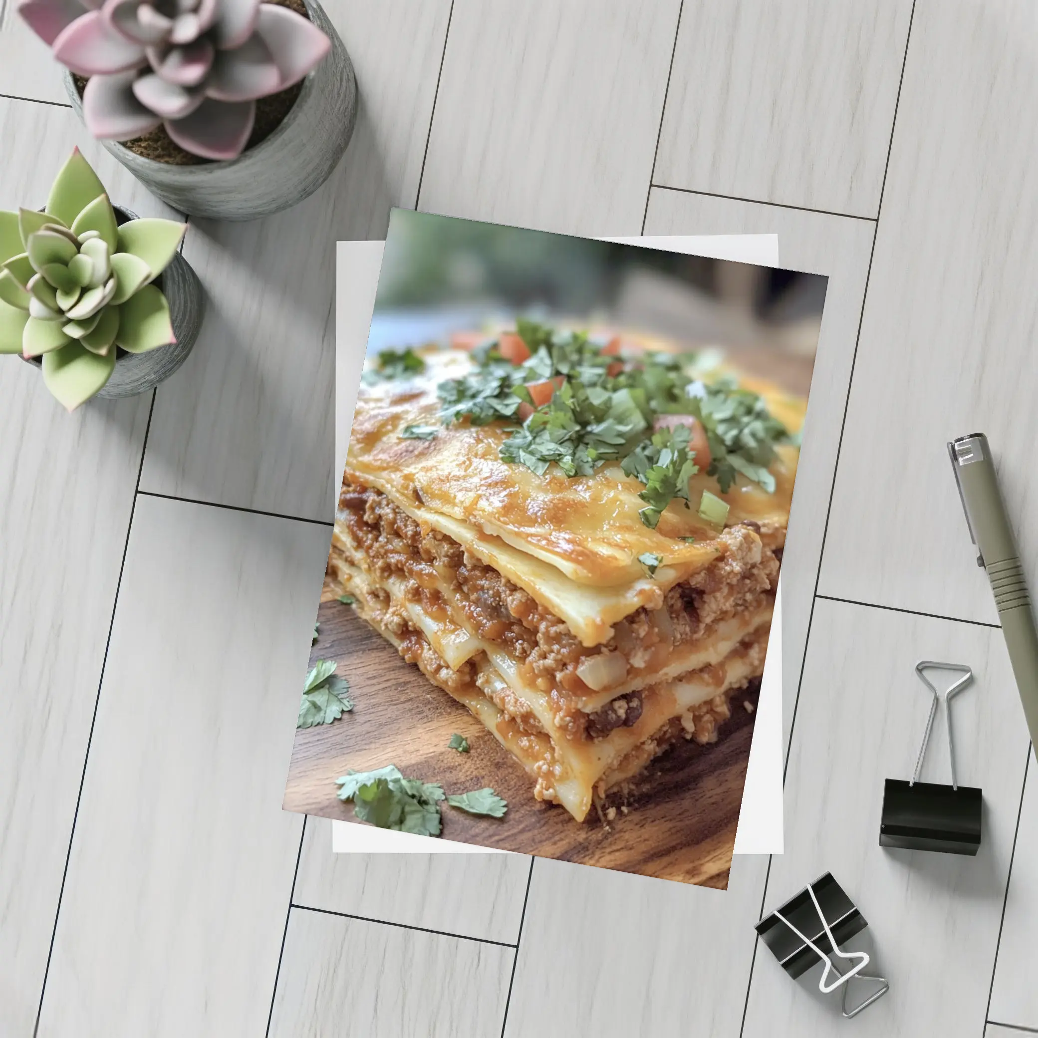 Layered Meat Lasagna on Wooden Board – Postcards