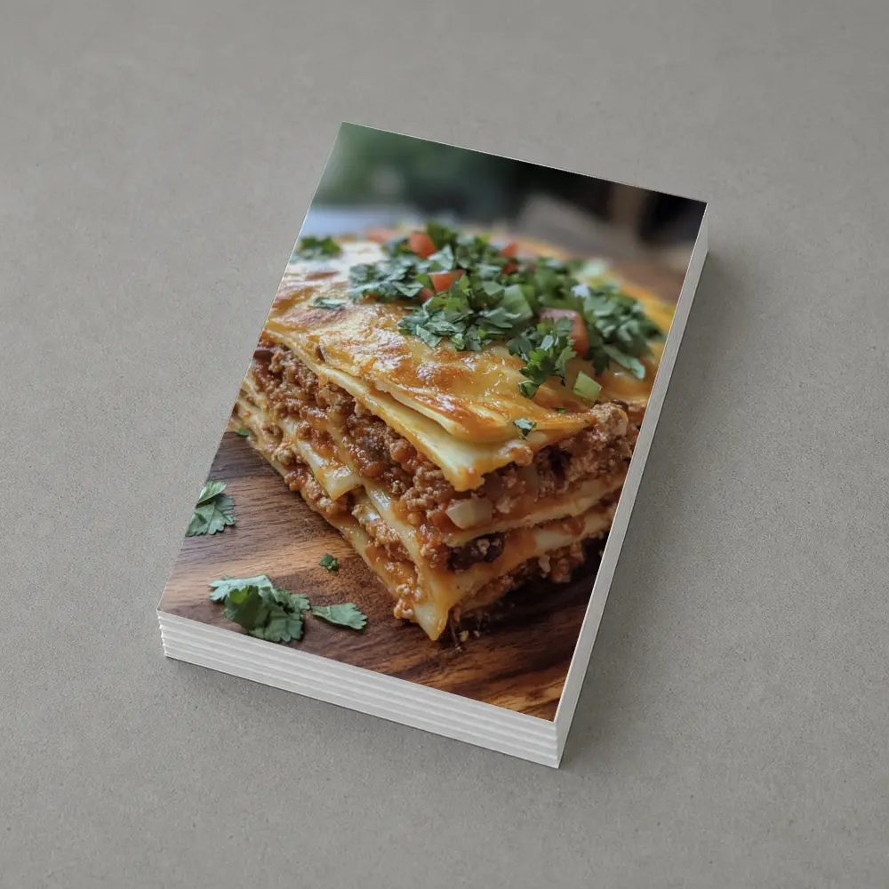 Layered Meat Lasagna on Wooden Board – Postcards