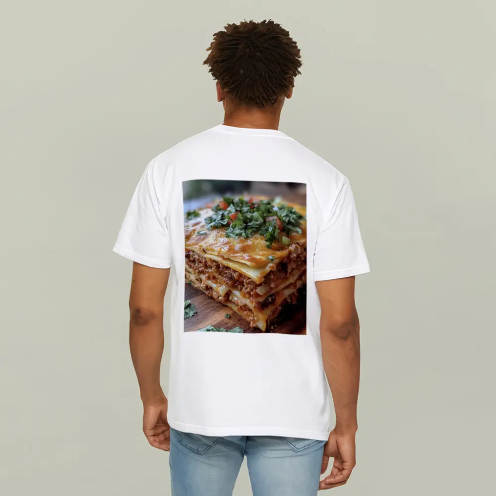 Layered Meat Lasagna on Wooden Board – T-Shirts