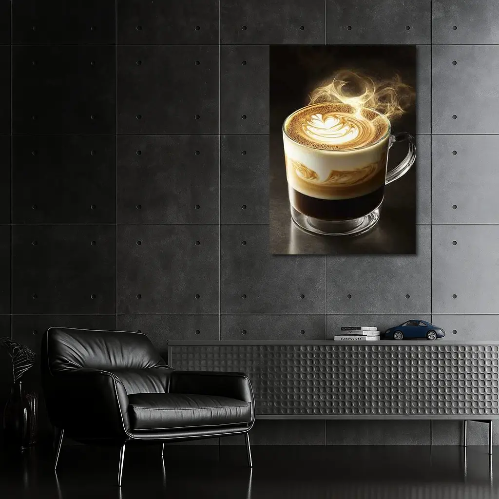 Latte Art Coffee Steam Dark Background – Wall Art