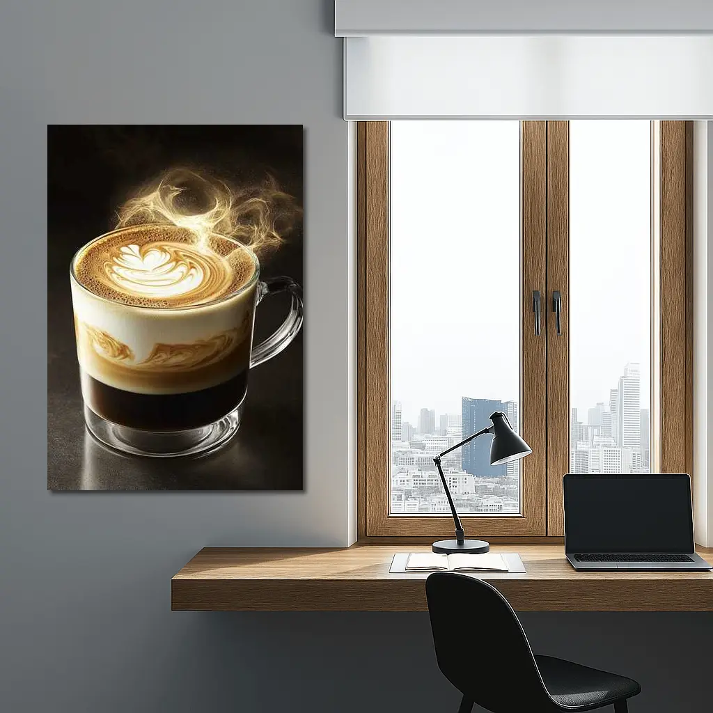 Latte Art Coffee Steam Dark Background – Wall Art