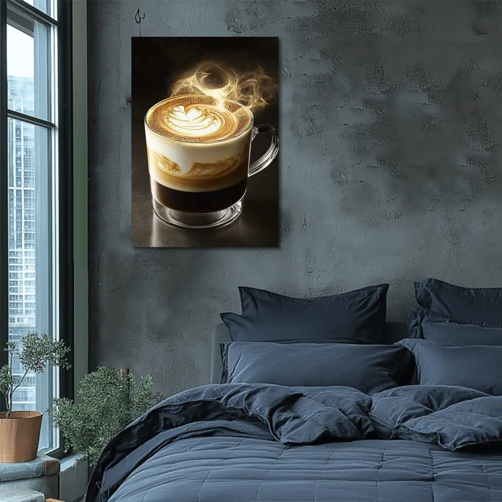 Latte Art Coffee Steam Dark Background – Wall Art