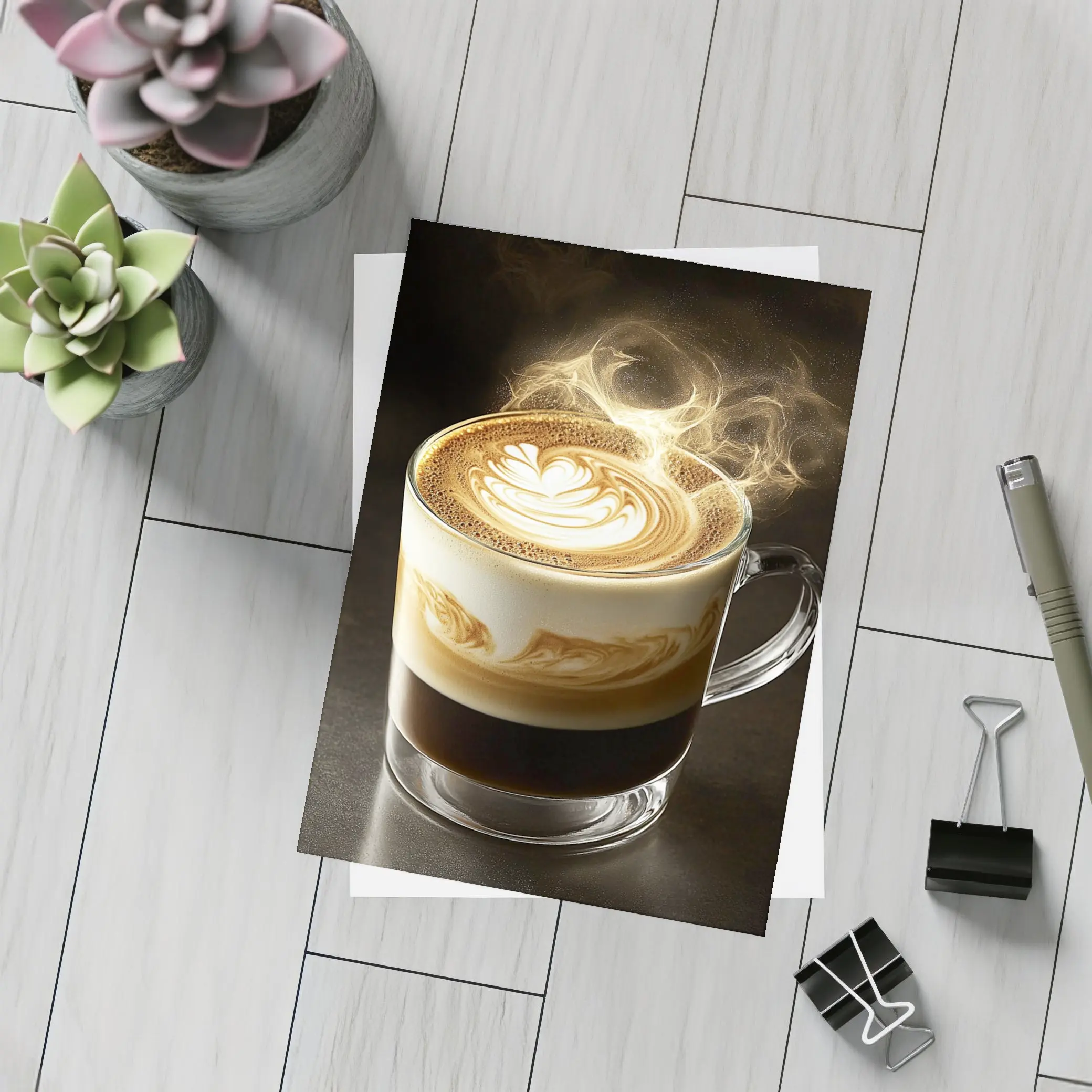 Latte Art Coffee Steam Dark Background – Postcards