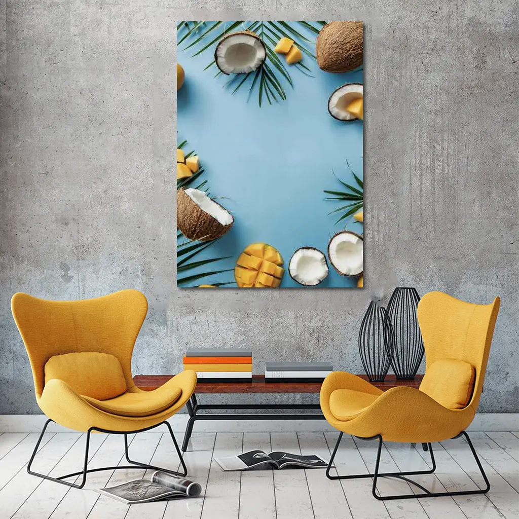 Coconuts and Mango on Blue Background – Wall Art