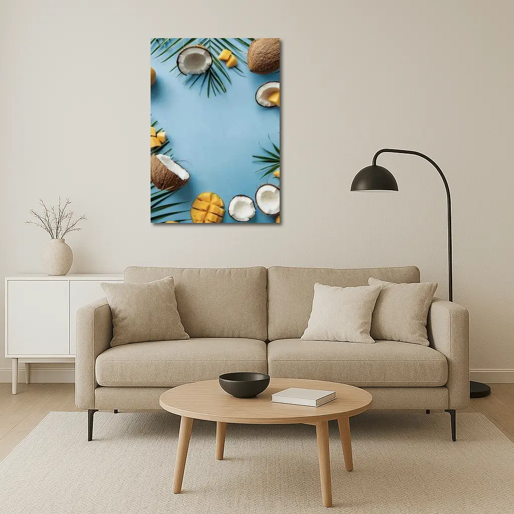 Coconuts and Mango on Blue Background – Wall Art